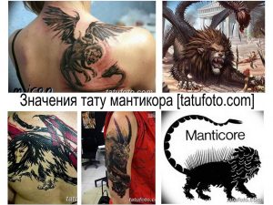 Фото тату мантикоры: мифическое существо с телом льва, крыльями дракона и хвостом со скорпионом, выполненное в ярких цветах.