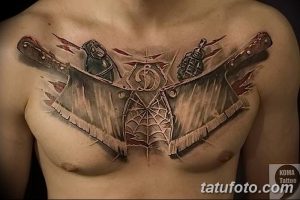 Фото тату на груди: два топора, граната и паутина. Чёрно-серый рисунок татуировки в реалистичном стиле.