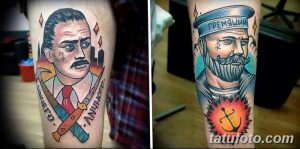 Фото двух портретных татуировок в стиле old school, изображающих мужчин с усами и атрибутами их профессий. Детализированный рисунок татуировки.