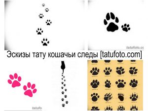 Коллаж из различных эскизов тату кошачьих следов: черные, розовые, маленькие, большие. Идеи для любителей кошек.