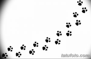 Черно-белое фото тату со следами лап, расположенными по диагонали. Простой и элегантный эскиз для любителей животных.