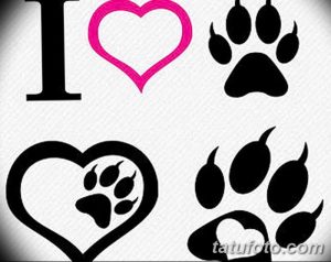 Фото тату с надписью "I ❤️ PAWS" и изображениями следов лап и сердца. Яркий и позитивный дизайн для любителей животных.