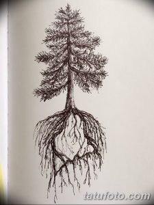 Черно-белый эскиз татуировки дерева с мощными корнями, детально прорисованными ветвями и текстурой коры. Идеально для любителей природы и символизма.
