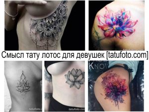 Фото тату: Коллаж из нескольких изображений татуировок лотоса разных стилей и размеров, для вдохновения девушек.