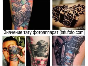 Фото коллажа с различными татуировками фотоаппаратов в разных стилях: реализм, графика, олдскул. Идеи для тату для фотографов.