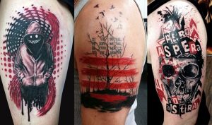 Фото тату на руке в стиле splash ink: капюшон, лес, череп, брызги краски, красный и черный цвета.