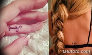 Фото тату с надписью 'family' на пальце и маленькими звездочками на спине. Нежные и минималистичные татуировки, символизирующие любовь к семье.