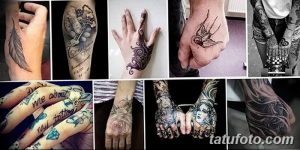 Фото тату рукава с различными рисунками: перья, ключи, геометрические узоры, ласточки, цветы и надписи. Подходит для смелых и творческих личностей.