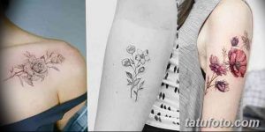 Фото тату: коллаж из трех фотографий с изображением нежных цветочных татуировок на разных частях тела. Разнообразие стилей и цветовых решений.
