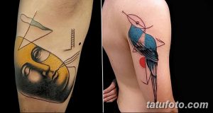 Фотография двух татуировок на руке: портрет лица в стиле кубизма и стилизованная птица, выполненные в ярких цветах и с использованием геометрических форм.