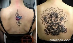 Фото двух татуировок на спине женщины: абстрактный рисунок с акварельными элементами и изображение бога Ганеши в мандале.