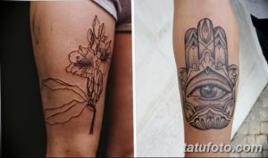 Фото двух татуировок на ноге: с одной стороны - тонкий рисунок цветка, с другой - рука Хамелеона с глазом в центре. Черно-белые татуировки в стиле графика.