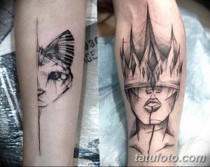 Фотография с двумя татуировками на руках. Изображены лица женщины в короне и женщины с бабочкой, выполненные в стиле минимализма и графики с использованием тонких черных линий.