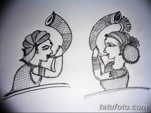 Черно-белый эскиз татуировки с изображением двух музыкантов, играющих на духовых инструментах. Рисунок выполнен в простом, графическом стиле.