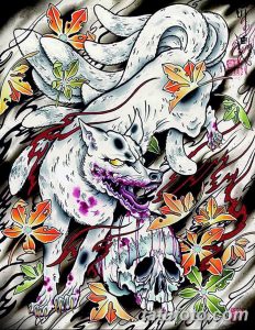 Эскиз татуировки лисы с черепом. Японский стиль, яркие цвета, детализированный рисунок, динамичная композиция.