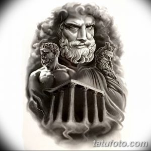 Фото тату: масштабная татуировка Зевса в окружении других богов и колонн, выполненная в черно-серых тонах с использованием эффекта дыма.