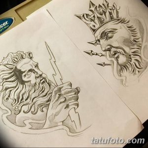 Фото эскизов татуировок Зевса и Посейдона, выполненных в графическом стиле с использованием карандаша.