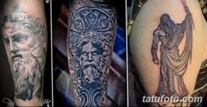 Фото тату: коллаж из трех татуировок с изображениями философов и мифологических персонажей, выполненных в разных стилях и техниках.