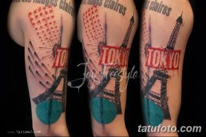 Фото тату рукава с изображением Эйфелевой башни, надписи "Tokyo" и брызг краски. Яркий и оригинальный рисунок татуировки.