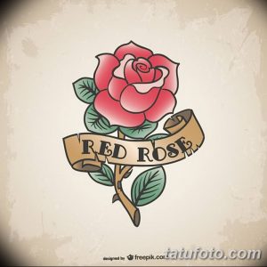 Фото татуировки в стиле олдскул с изображением красной розы и надписью 'Red Rose' на ленте. Татуировка выполнена в простых линиях и ярких цветах.