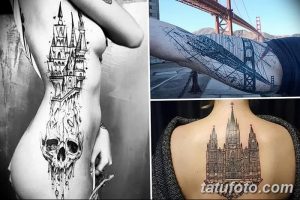 Фотография коллажа татуировок с изображением замков, мостов и черепов. Различные стили и техники, черно-белые рисунки.