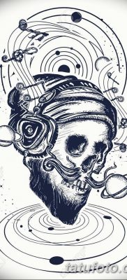 Human skull and universe tattoo and t-shirt design. Skull of the bearded hipster in earphone listens to music. Skull with beard, mustache, hipster hat and headphones tattoo