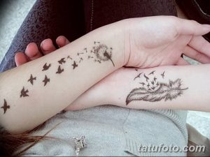 Фото тату одуванчика с вылетающими птицами на запястьях двух девушек. Минималистичный рисунок татуировки в черном цвете.