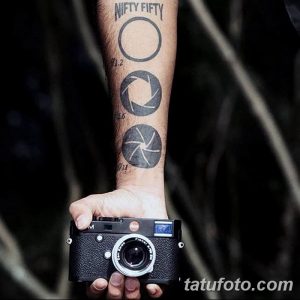 Фотография татуировок на руке, изображающих диафрагмы объектива и надпись "NIFTY FIFTY". Черно-серый рисунок.