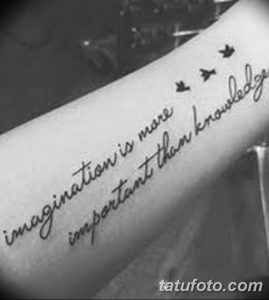 Фото тату: надпись "imagination is more important than knowledge" (воображение важнее знания) на предплечье, выполненная каллиграфическим шрифтом. Дополняется изображениями птиц.