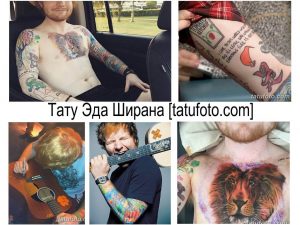 Фото коллажа татуировок Эда Ширана: различные рисунки на теле, включая кетчуп, животных и символы. Обзор тату певца.