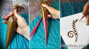 Фото процесса нанесения тату хной, конус с хной, рука мастера, эскиз на бумаге, коричневые тона, идеи для тату.