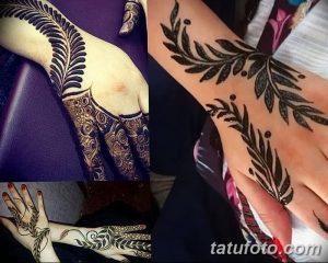 Фото тату хной на руках, демонстрирующее сложные восточные узоры с преобладанием растительных элементов и геометрических фигур. Детализация и красота.