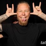 Фотография Джеймса Хетфилда, вокалиста Metallica, с татуировками на руках и выражением лица, полным энергии и драйва.
