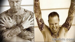 Фотография Джеймса Хетфилда, демонстрирующая его обширные татуировки на руках, груди и плечах. Видны детализированные рисунки и узоры.