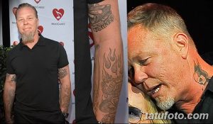 Фотография Джеймса Хетфилда с татуировками на руках и шее, демонстрирующая его брутальный образ.