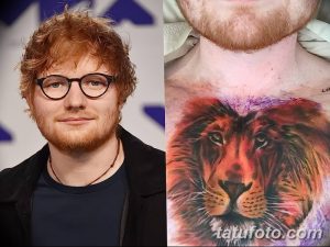 Фотография Эда Ширана с портретом льва на шее, демонстрирующая его татуировки и очки.