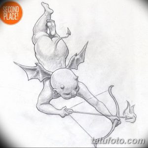 Черно-серый эскиз татуировки Купидона с элементами демона. Необычный и провокационный рисунок для любителей темных мотивов.