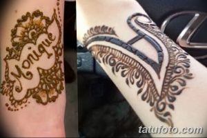 Фото двух татуировок хной на предплечьях: 'Monique' в узоре и абстрактный дизайн с геометрическими фигурами.