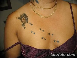 Фото тату: небольшая татуировка черепашки, оставляющей следы на груди женщины, выполненная в минималистичном стиле.