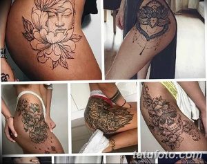 Фото тату: коллаж из нескольких фотографий татуировок на бедрах и лопатке, выполненных в стиле графики и с использованием черных чернил.