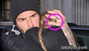 Фотография Дэвида Бекхэма, демонстрирующая татуировку на его пальце. Татуировка представляет собой надпись, выделенная розовым кругом.