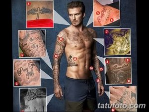 Фотография Дэвида Бекхема с множеством татуировок на теле: рукава, спина, грудь, шея. Подробный обзор тату знаменитости.