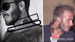 Фотография Дэвида Бекхема с татуировками на шее, изображающими розы и другие символы. Идеи для тату на шее.