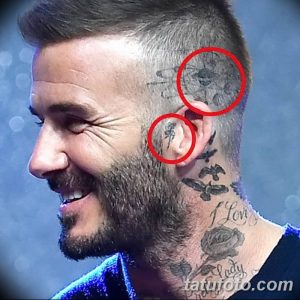 Фотография Дэвида Бекхема с татуировками на голове, изображающими маленькие рисунки. Идеи для минималистичных тату.