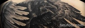 Фото крупной реалистичной татуировки ворона на спине, выполненной в черно-серых тонах с высокой детализацией перьев и крыльев. Масштабный рисунок татуировки.