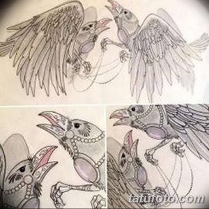 Коллаж из нескольких эскизов татуировок ворона в стиле стимпанк, с механическими деталями и шестеренками.
