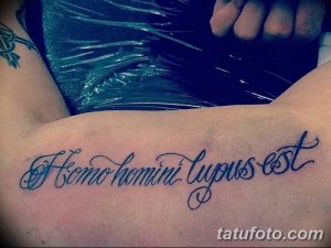 Фото тату на руке с латинской фразой 'Homo homini lupus est' выполненной изящным шрифтом. Черные чернила на светлой коже.