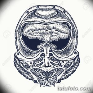Gas mask and nuclear explosion tattoo art. Concept of war and peace, end of the world, life and death. Apocalypse symbol. Butterfly sits on a gas mask t-shirt design