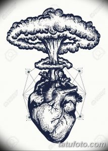 Heart and nuclear explosion tattoo art. Symbol of love, feelings, energy. Nuclear explosion of anatomical heart t-shirt design surreal graphic