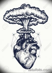 Heart and nuclear explosion tattoo art. Symbol of love, feelings, energy. Nuclear explosion of anatomical heart t-shirt design surreal graphic